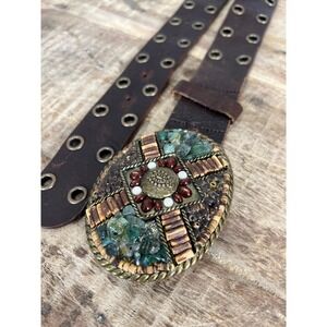 Cabi Brown Leather Belt with Beaded  Brass Buckle